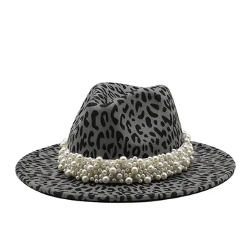 Европейская и американская новая фетровая шляпа с леопардовым принтом, цилиндр с жемчужными плоскими полями, шляпа для пары, джазовая шляпа кепка женская