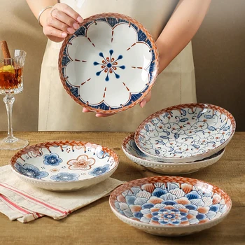 Японские ретро Керамические Обеденные тарелки 8 Дюймов Креативный цветочный узор Фарфоровая тарелка с реактивной глазурью Глубокое блюдо для кухни