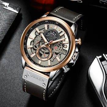 Часы от топового бренда CURREN для часов, мужские наручные часы с кожаным ремешком, модный хронограф, Спортивные кварцевые часы, Мужской подарок