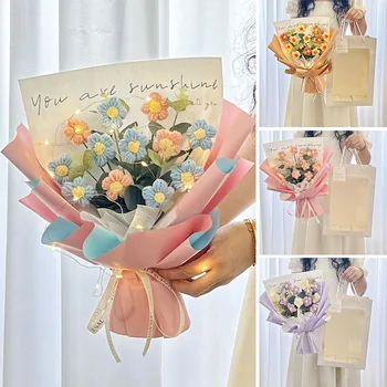 Готовый букет цветов, связанный крючком, Сплетенные крючком цветы со светодиодной лампой, искусственный цветок ручной работы, подарок на День учителя, Свадебный декор