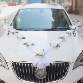 1 комплект искусственных цветов Белой розы для украшения свадебного автомобиля Украшения свадебного автомобиля Дверная ручка Шелковый цветок Декор свадебной вечеринки