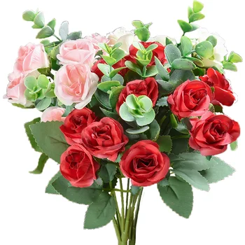 Розы из искусственного шелка, букеты из искусственных цветов, листья эвкалипта, Пион, Камелия, Вазы для украшения свадебного стола для новобрачных