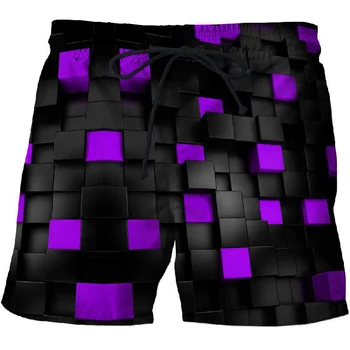 Фиолетово-черные квадратные мужские и женские пляжные шорты 3D-размера оверсайз, мужские и женские шорты с геометрией, плавки, пляжные повседневные летние спортивные штаны