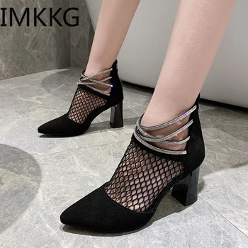 Классические модные Черные ботинки из воздушной сетки, женские летние ботинки с украшением в виде кристаллов на квадратном каблуке, женская дышащая обувь, женские ботильоны