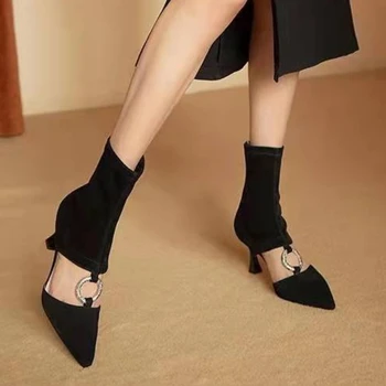 Новые пикантные женские модные женские ботинки на шпильке, металлические сапоги с острым носком, эластичные тонкие сапоги на высоком каблуке, Кожаные сапоги для женщин