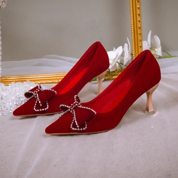 Весна 2022/ осень, новая женская обувь элитного бренда с бантиком на высоком каблуке, красные свадебные туфли со стразами, туфли-лодочки на тонком каблуке, однотонные