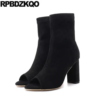 Ботинки 2021 года, Модные босоножки с открытым носком на высоком каблуке, Черные Короткие ботильоны 34 размера, Роскошная брендовая женская Замшевая Дизайнерская летняя обувь