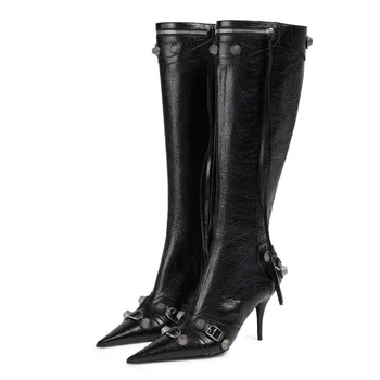 2023 Зимние дизайнерские женские сапоги до колена на высоком каблуке в стиле панк, мотоциклетные ботинки с острым носком, сексуальные длинные ботинки в стиле ретро, Большой размер 46