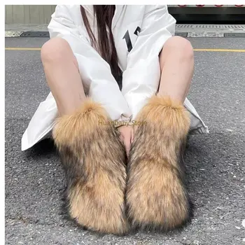Женские зимние ботинки 25 см с пушистым искусственным лисьим мехом, плюшевые теплые зимние ботинки Laday, роскошная обувь, модные ботинки на меху для девочек