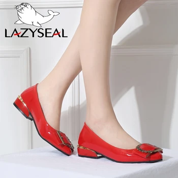 Женская обувь LazySeal; женские туфли-лодочки Mary Janes из лакированной кожи с острым носком, без застежки, модные женские туфли на каблуке с металлической пряжкой