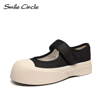 Smile Circle Mary Jane/ Летние женские туфли на плоской подошве, парусиновая повседневная обувь с круглым носком, Элегантная модная обувь на толстой подошве