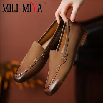 MILI-MIYA Лаконичный дизайн, большие размеры 34-41, женские балетки из натуральной кожи, круглый носок, однотонная повседневная женская обувь без застежки