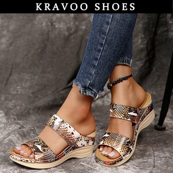 Женская обувь KRAVOO, Змеевидные Леопардовые сандалии для женщин, женские тапочки на танкетке, Женская обувь, Сандалии на платформе, Лето 2023 г.