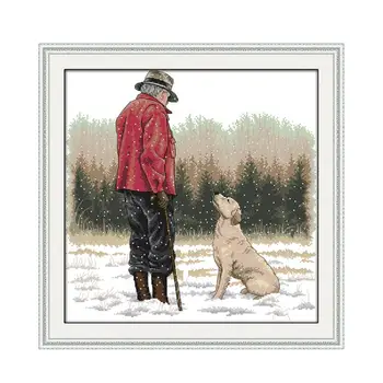Старик и собака, зимний снежный пейзаж, человек, собака, любовь, ткань с ручной вышивкой, вышивка крестиком, домашнее шитье, декоративные картины