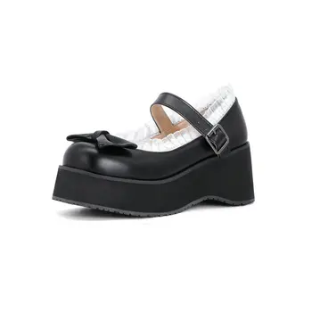 30-46 Женская обувь с милым бантом, на платформе, танкетке, каблуке, с круглым носком, Женская обувь на высоком каблуке