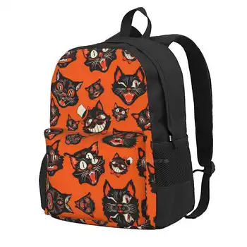 Ретро Винтажный рисунок с черными кошачьими мордочками на Хэллоуин-оранжевый фон, новые поступления, сумки унисекс, студенческая сумка, рюкзак, Черный на Хэллоуин