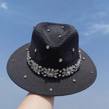 Шляпа, соломенная шляпа со стразами, Черная Панама, джазовая кепка, соломенная шляпа с широкими полями, Солнцезащитная пляжная шляпа, женские летние шляпы для женщин, мужчин