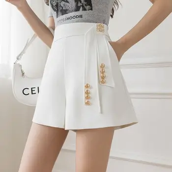 Летние Новые белые шорты, женские однотонные Широкие брюки трапециевидной формы на молнии с высокой талией, повседневная модная женская одежда