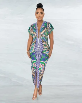 2023 Женская одежда, Новое плиссированное длинное платье с V-образным вырезом и разрезом в этническом стиле